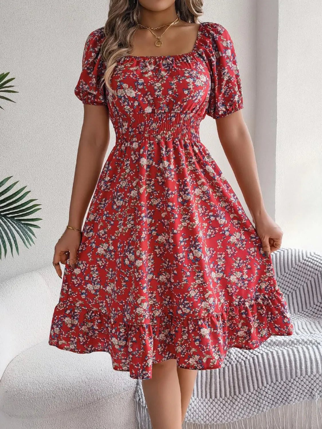 Ruffled Hem Floral Puff Sleeve Dress - adritiX