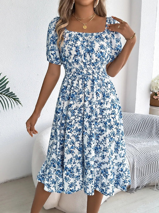 Ruffled Hem Floral Puff Sleeve Dress - adritiX