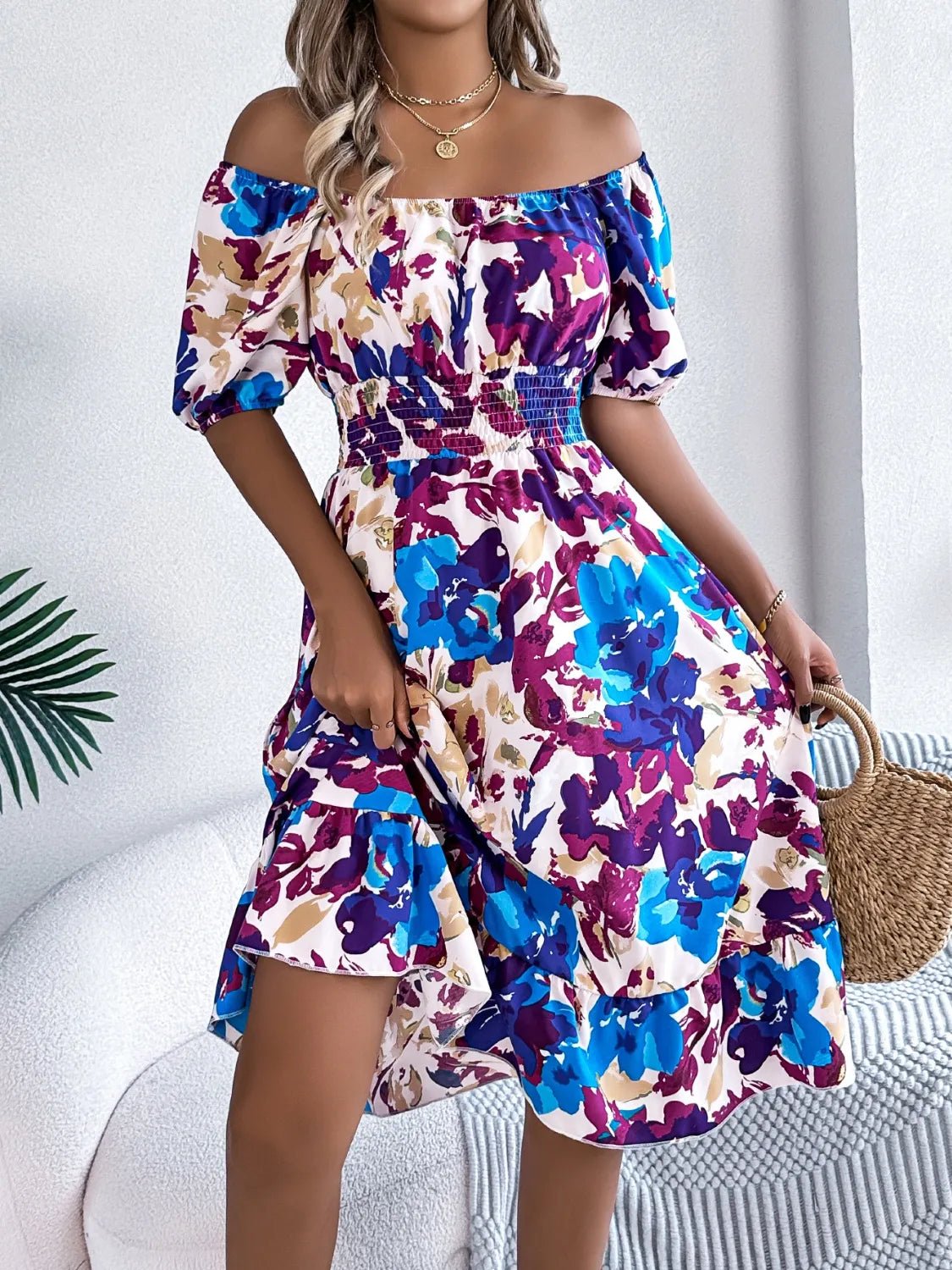 Ruffled Hem Smocked Floral Short Sleeve Midi Dress - adritiX