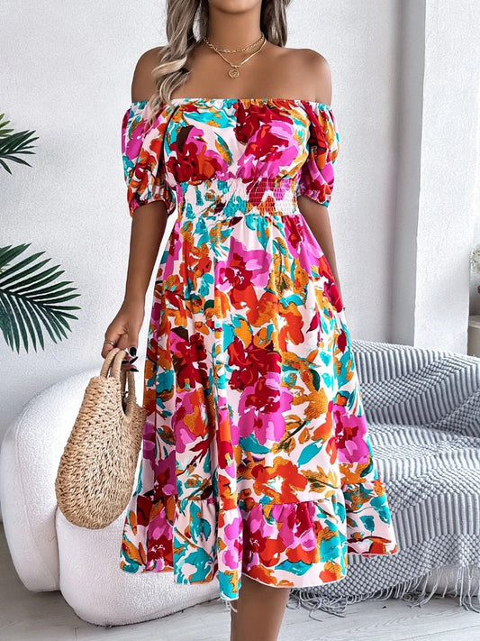 Ruffled Hem Smocked Floral Short Sleeve Midi Dress - adritiX