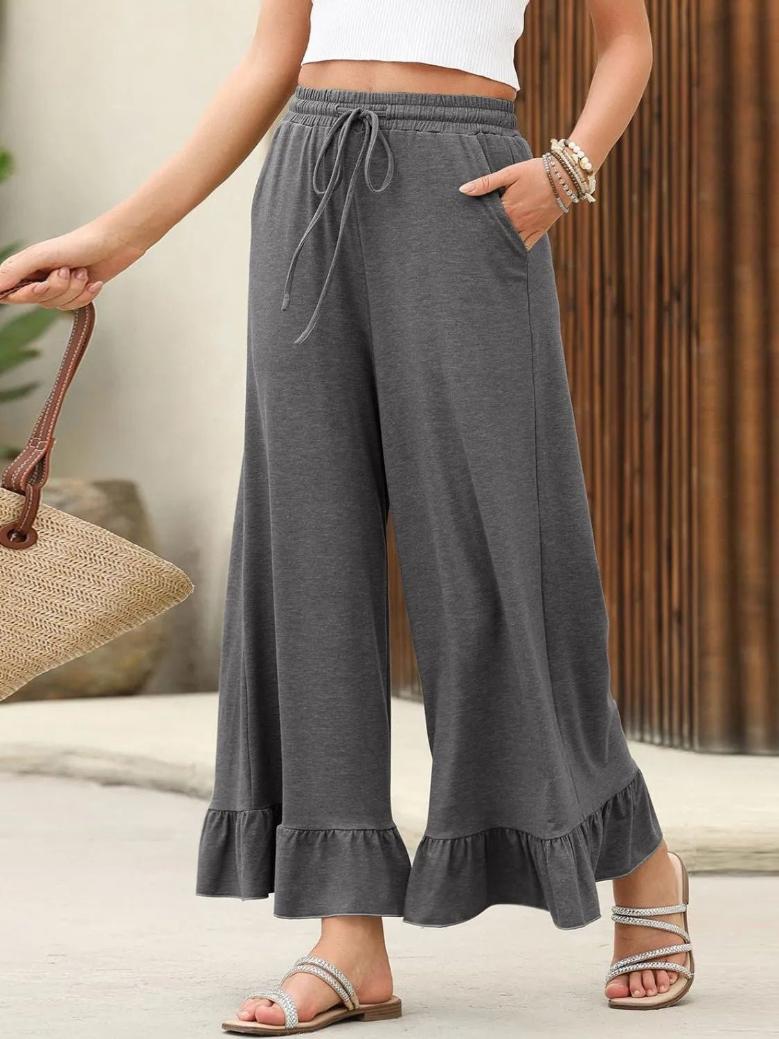 Ruffled Hem Wide Leg Pants - Flowy, Trendy Design for Effortless Style - adritiX