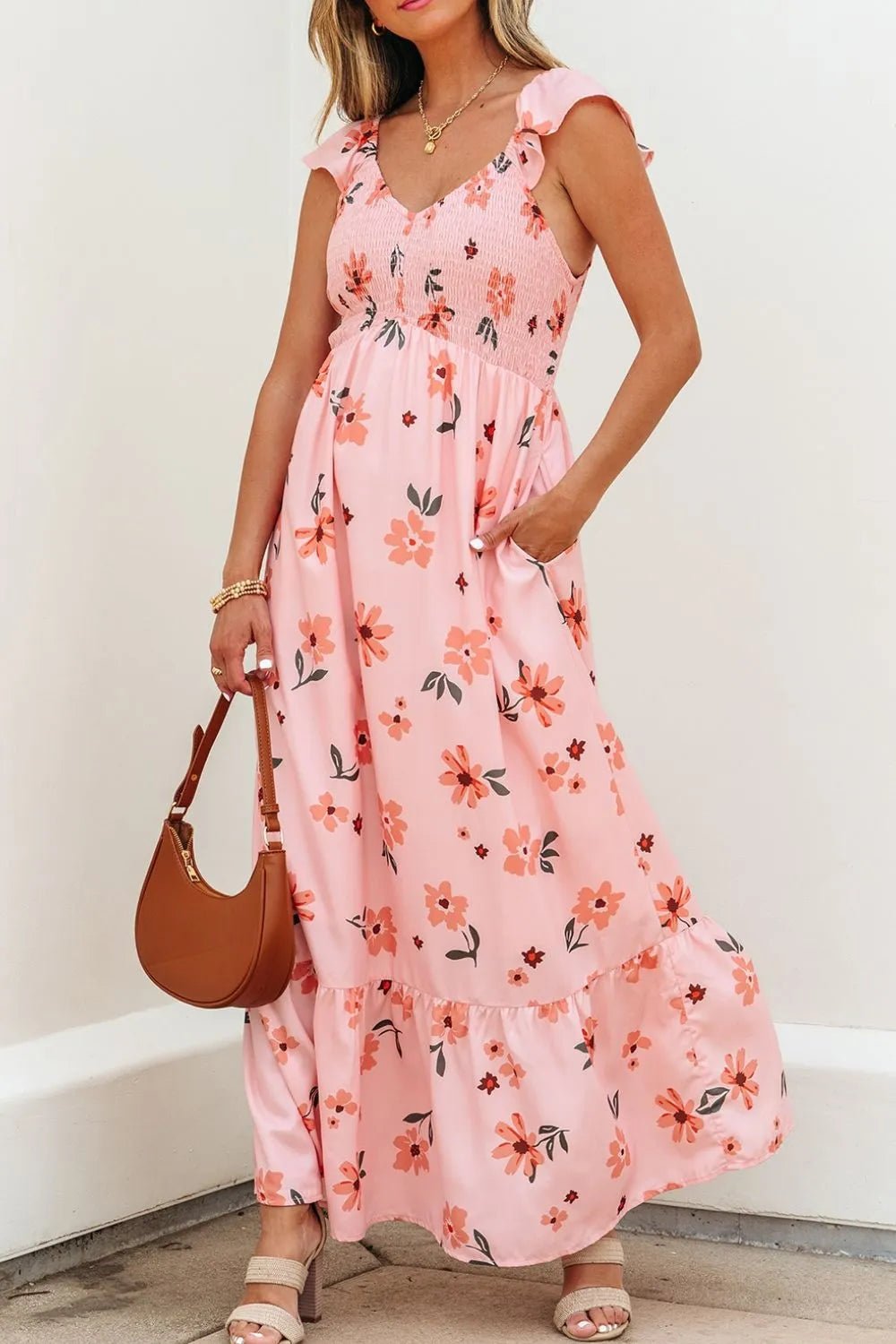 Ruffled Smocked Cap Sleeve Printed Maxi Dress - adritiX