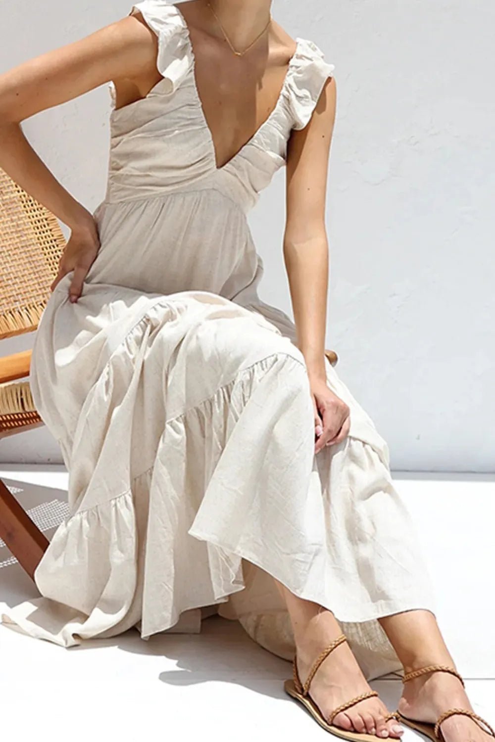 Ruffled V - Neck Tiered Dress - adritiX