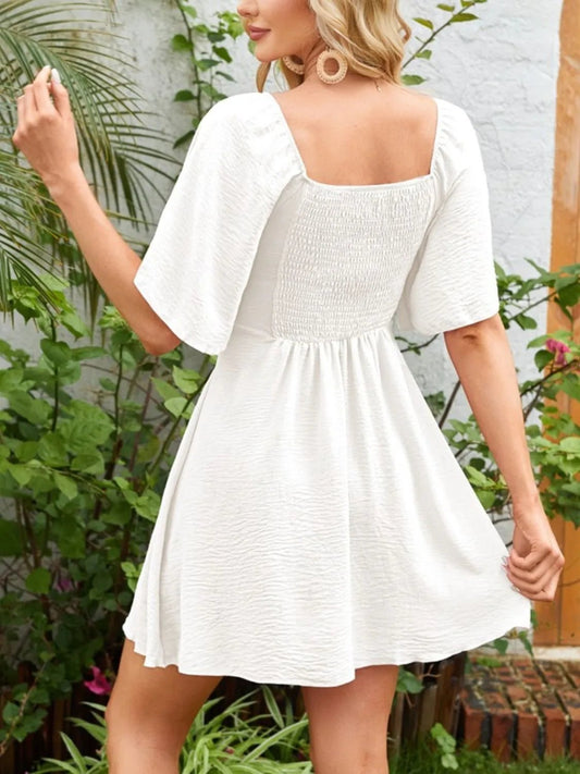 Smocked Back Knotted Flutter Sleeve Dress - adritiX