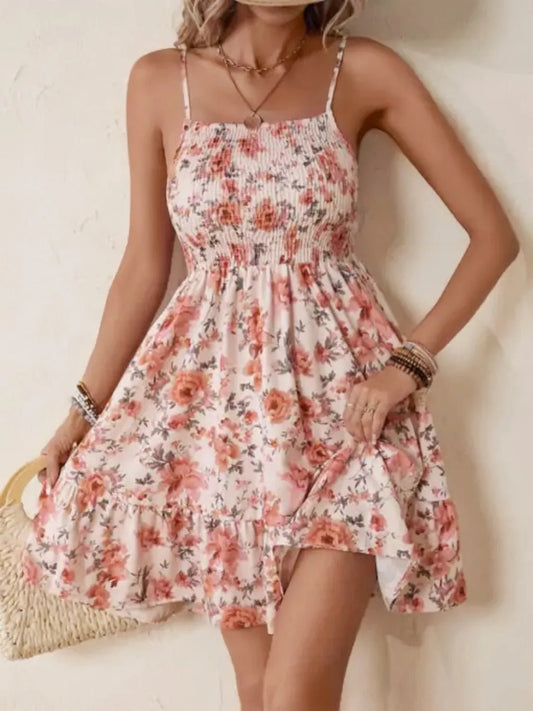 Smocked Floral Square Neck Cami Dress - adritiX