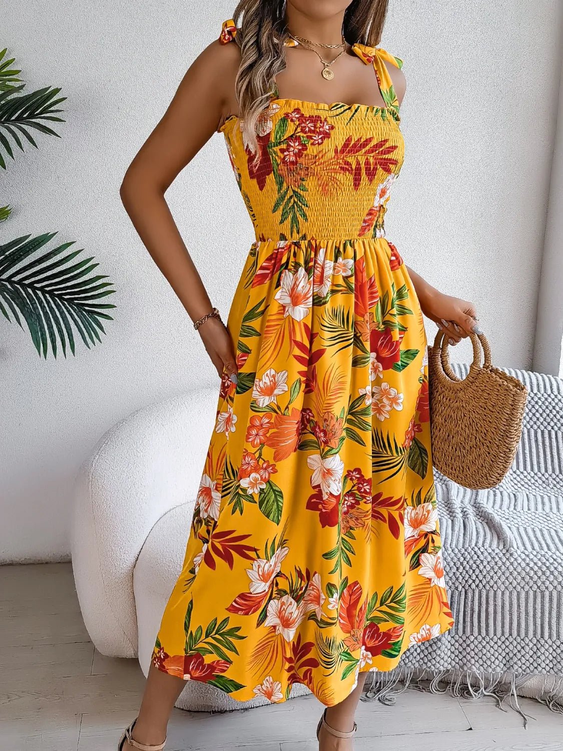 Smocked Floral Tie Shoulder Midi Dress - adritiX