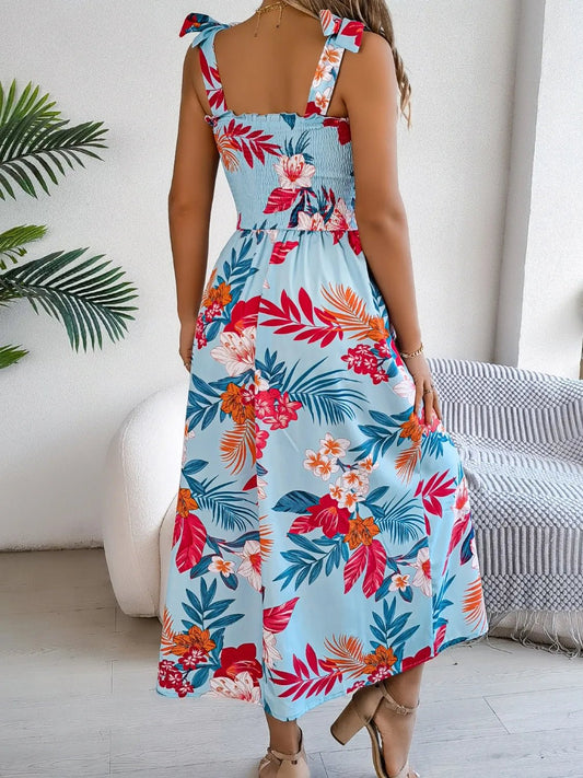 Smocked Floral Tie Shoulder Midi Dress - adritiX