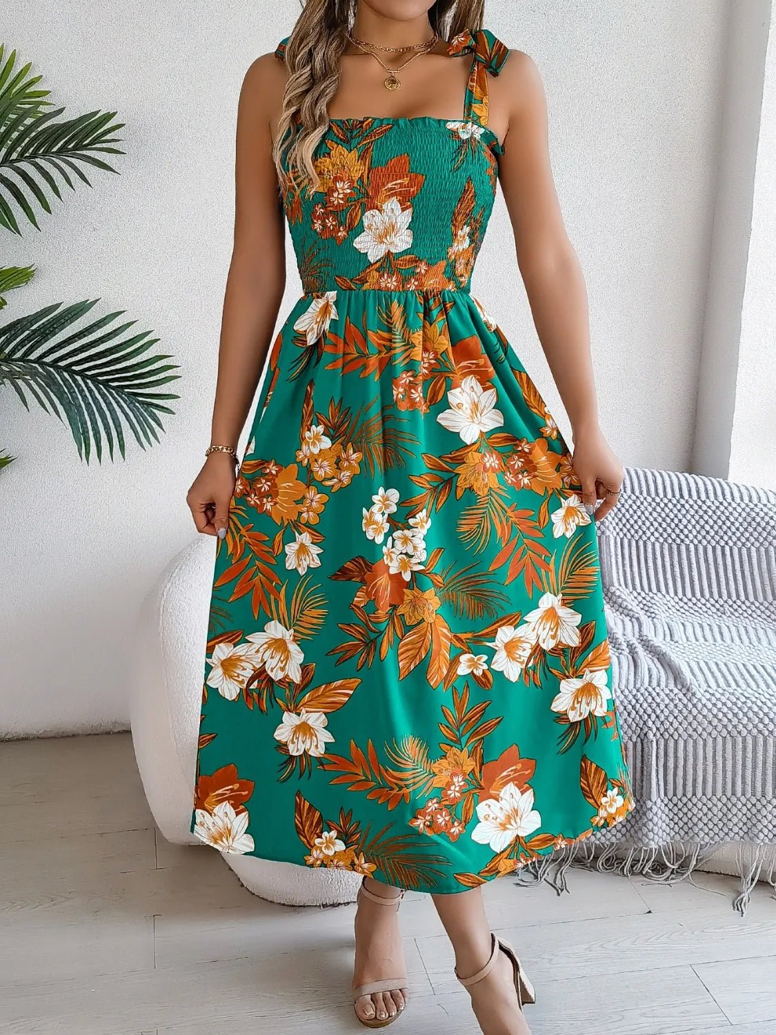 Smocked Floral Tie Shoulder Midi Dress - adritiX