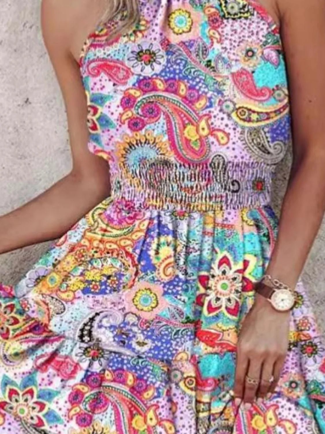 Smocked Printed Halter Neck Mini Dress - adritiX