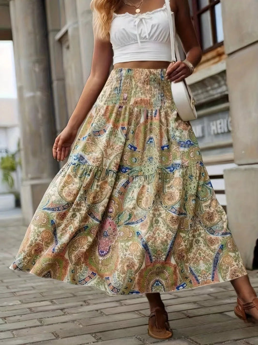 Smocked Printed High Waist Skirt - adritiX