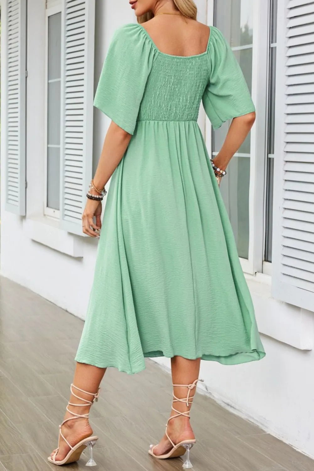 Smocked Tie Front Flutter Sleeve Midi Dress - adritiX