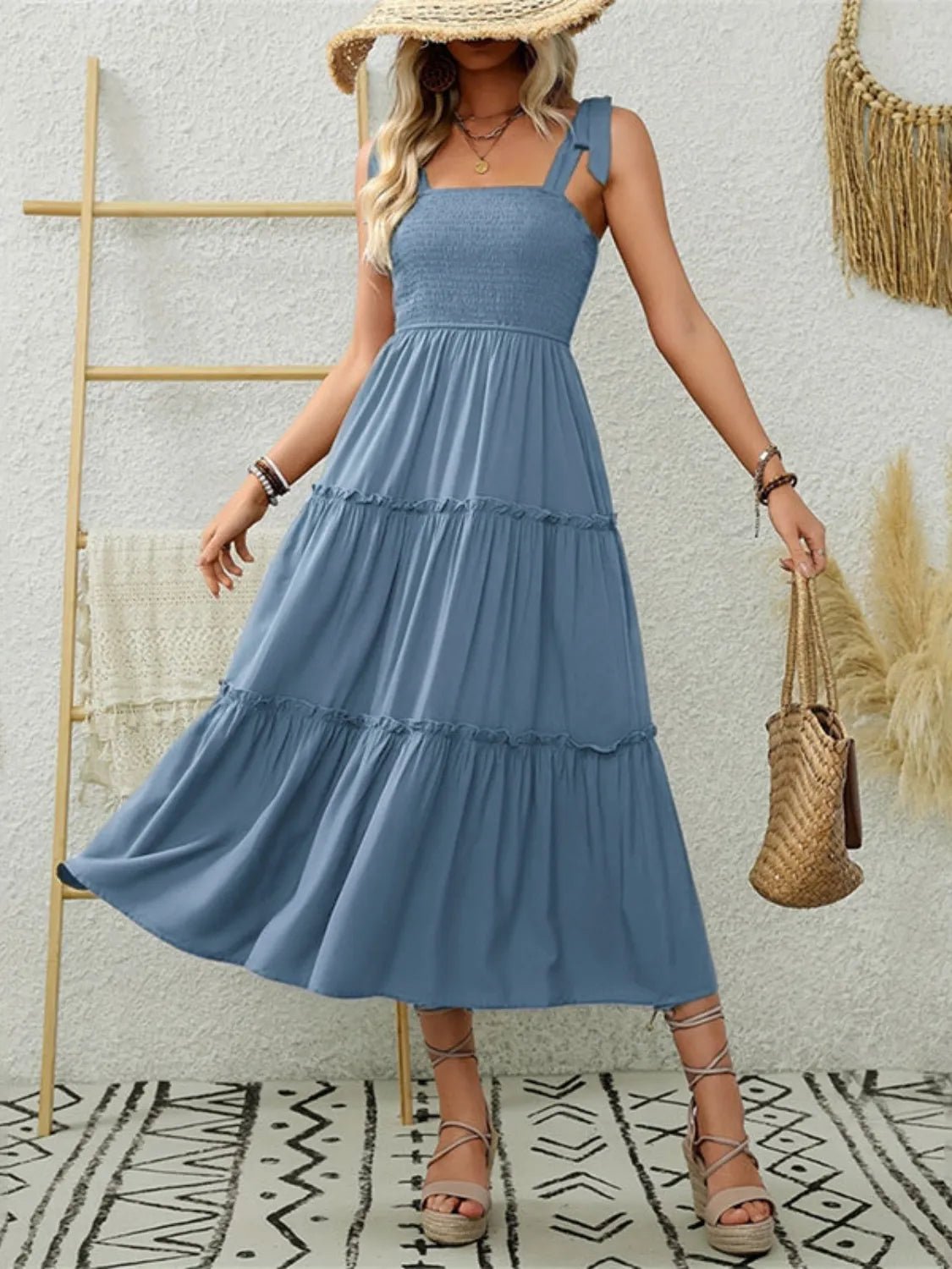 Smocked Tiered Midi Dress with Tie Straps - adritiX