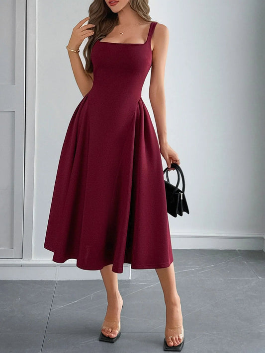 Square Neck Wide Strap Midi Dress - adritiX