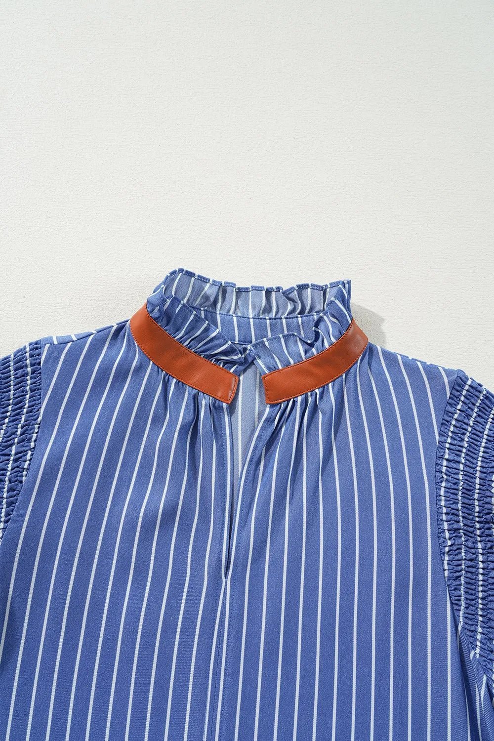 Stripe Frilly Split Neck Shirred Ruffle Sleeve Short Shift Dress - adritiX