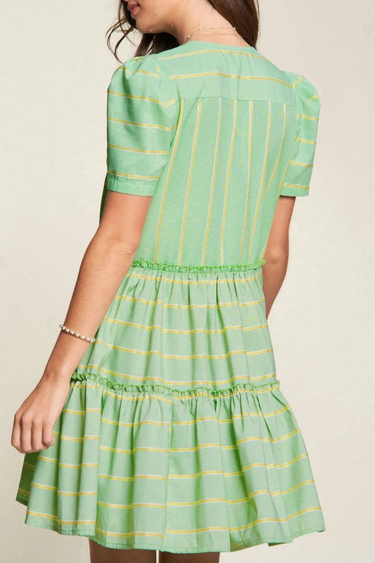 Stripe V Neck Short Sleeve Frilled Detail Dress - adritiX
