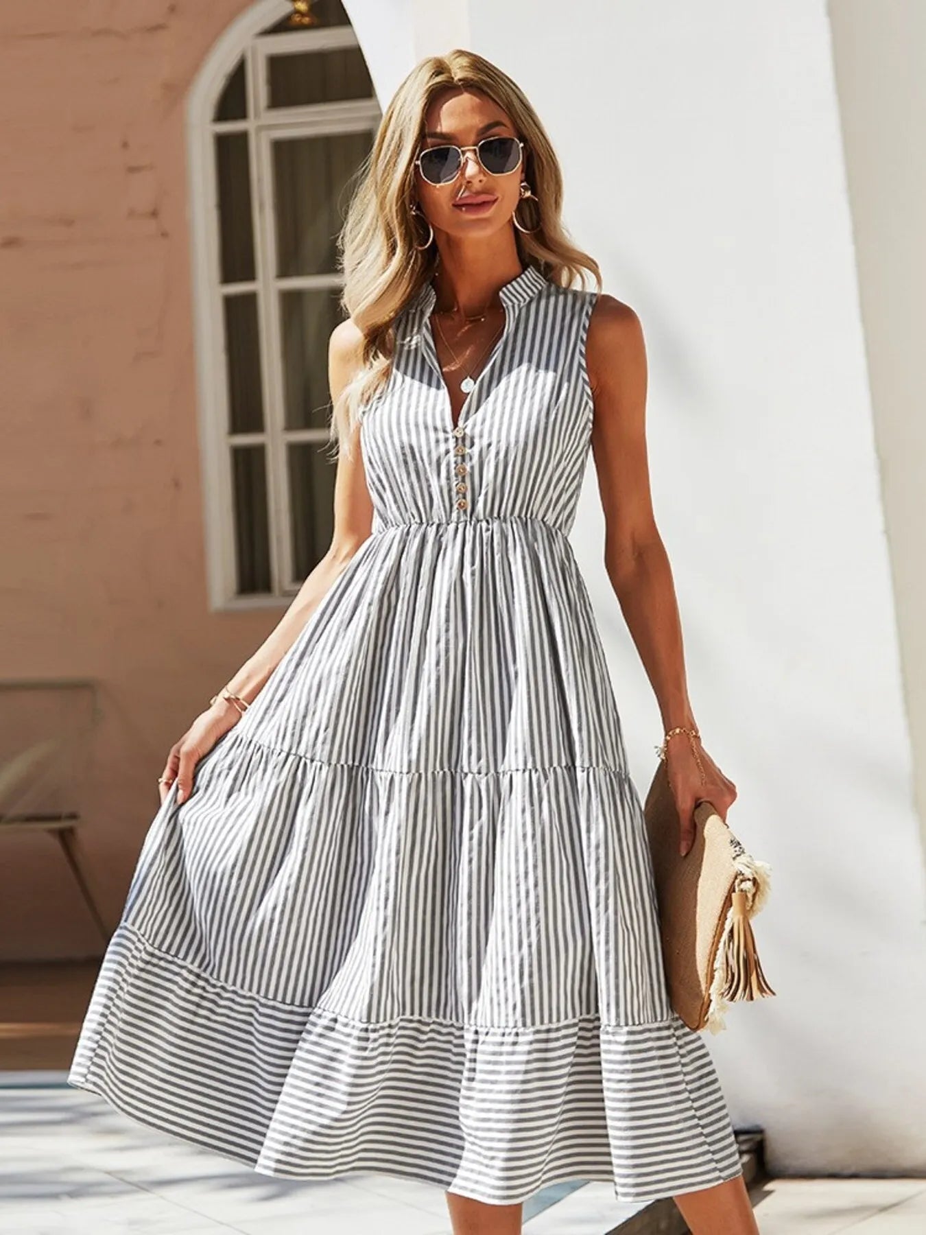 Striped Sleeveless Tiered Midi Dress - adritiX