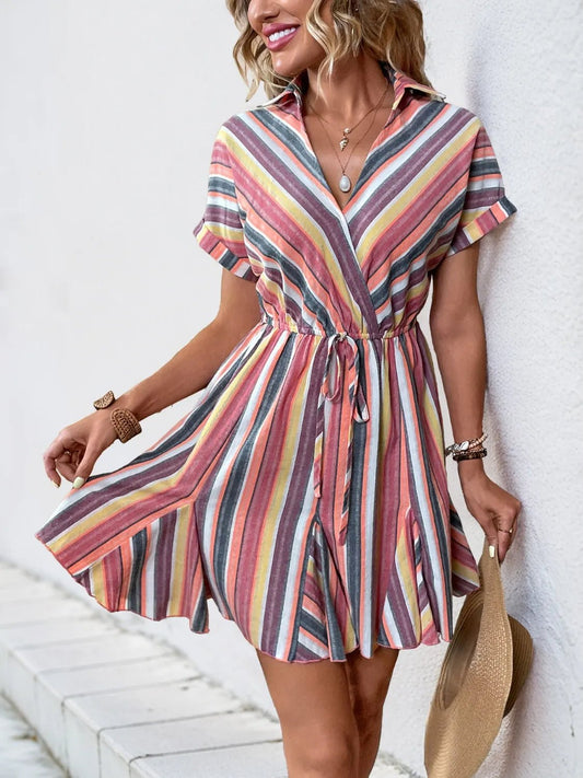 Striped Surplice Short Sleeve Dress - adritiX