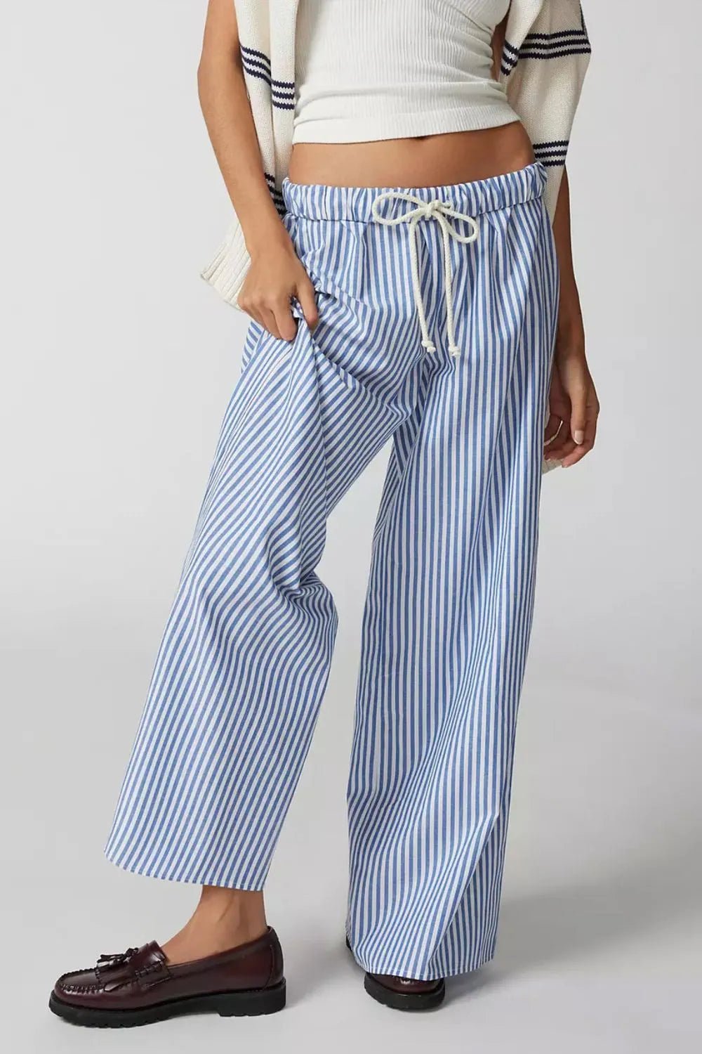 Stylish Striped Wide Leg Pants with Adjustable Drawstring for Effortless Chic - adritiX