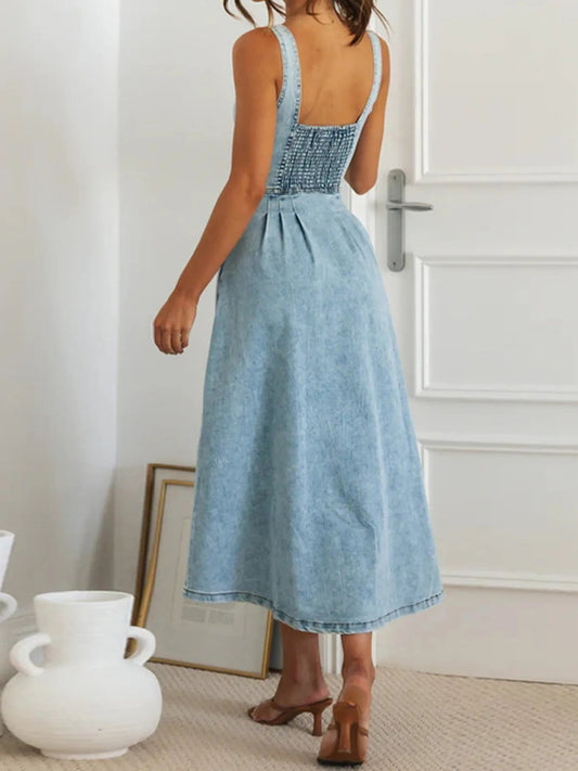 Sweetheart Neck Button - Front Midi Denim Dress - adritiX