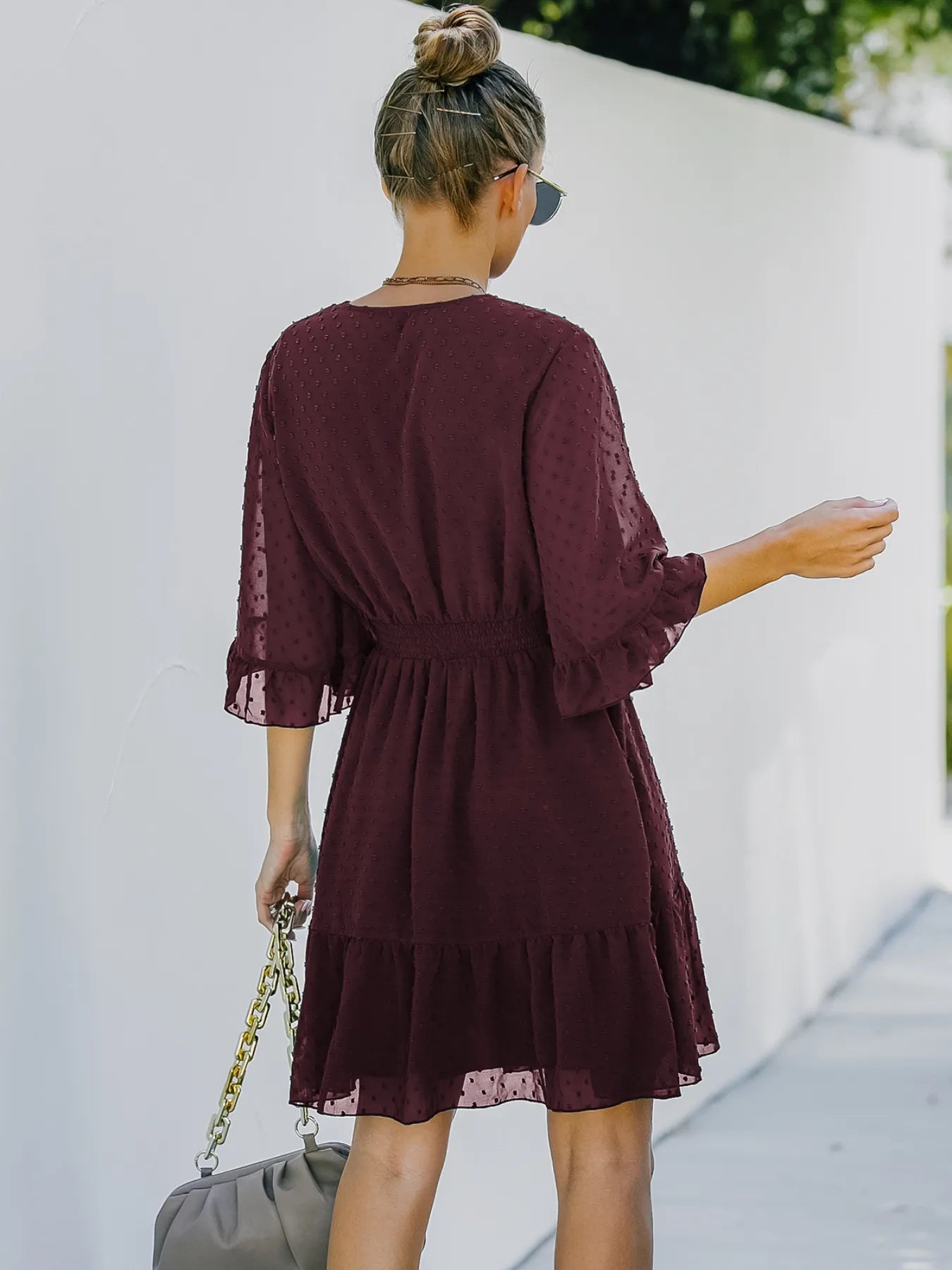 Swiss Dot Flare Sleeve Wrap Mini Dress - adritiX