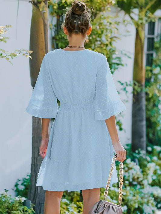 Swiss Dot Flare Sleeve Wrap Mini Dress - adritiX