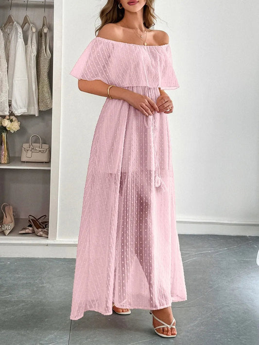 Swiss Dot Off Shoulder Maxi Dress - adritiX