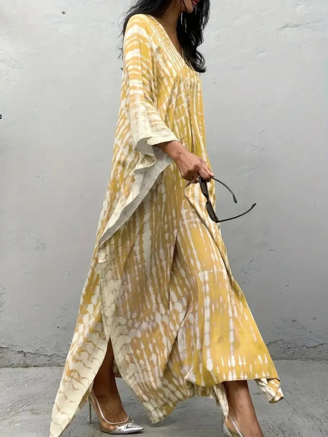 Tie - Dye V - Neck Maxi Dress with Flowy Sleeves - adritiX