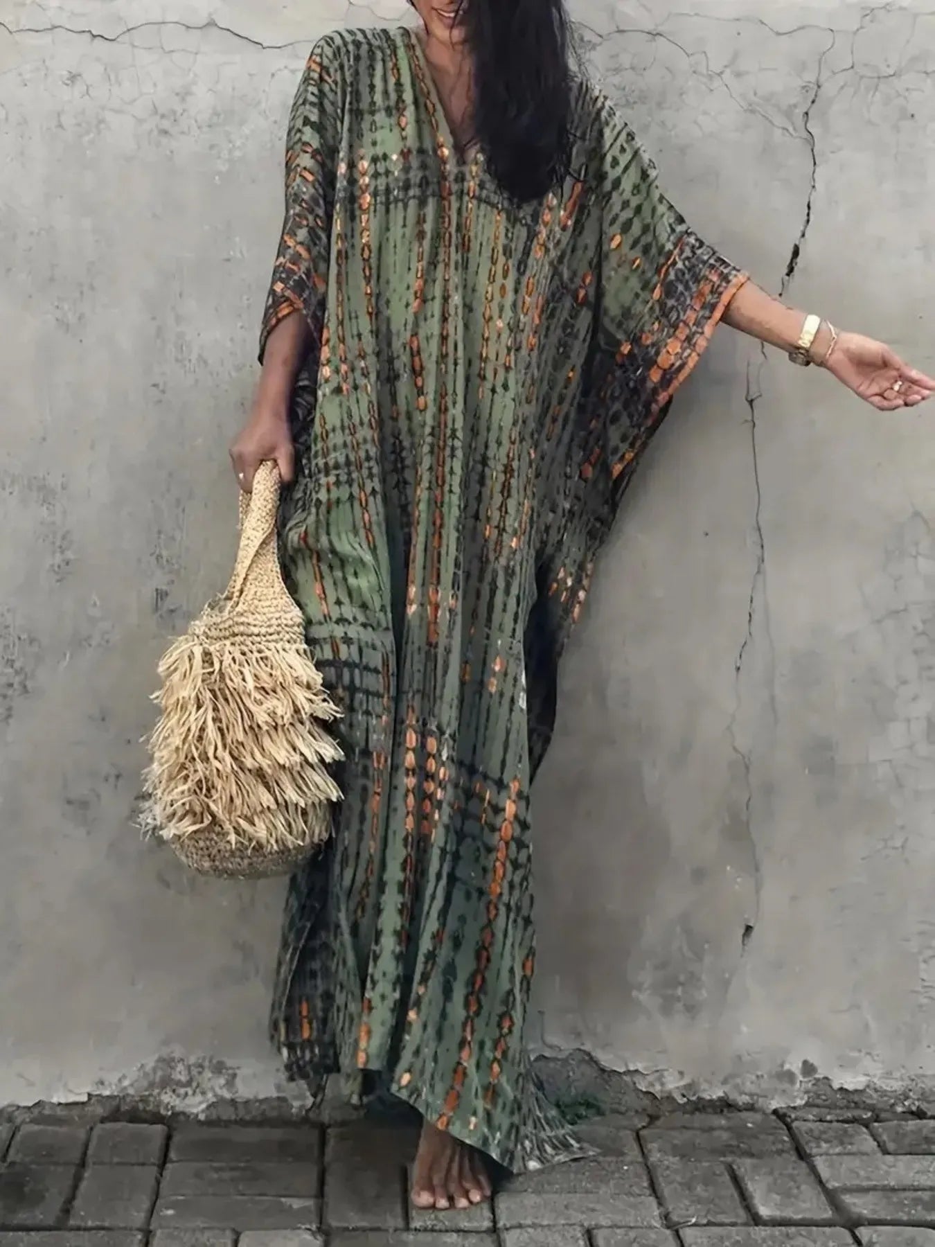 Tie - Dye V - Neck Maxi Dress with Flowy Sleeves - adritiX