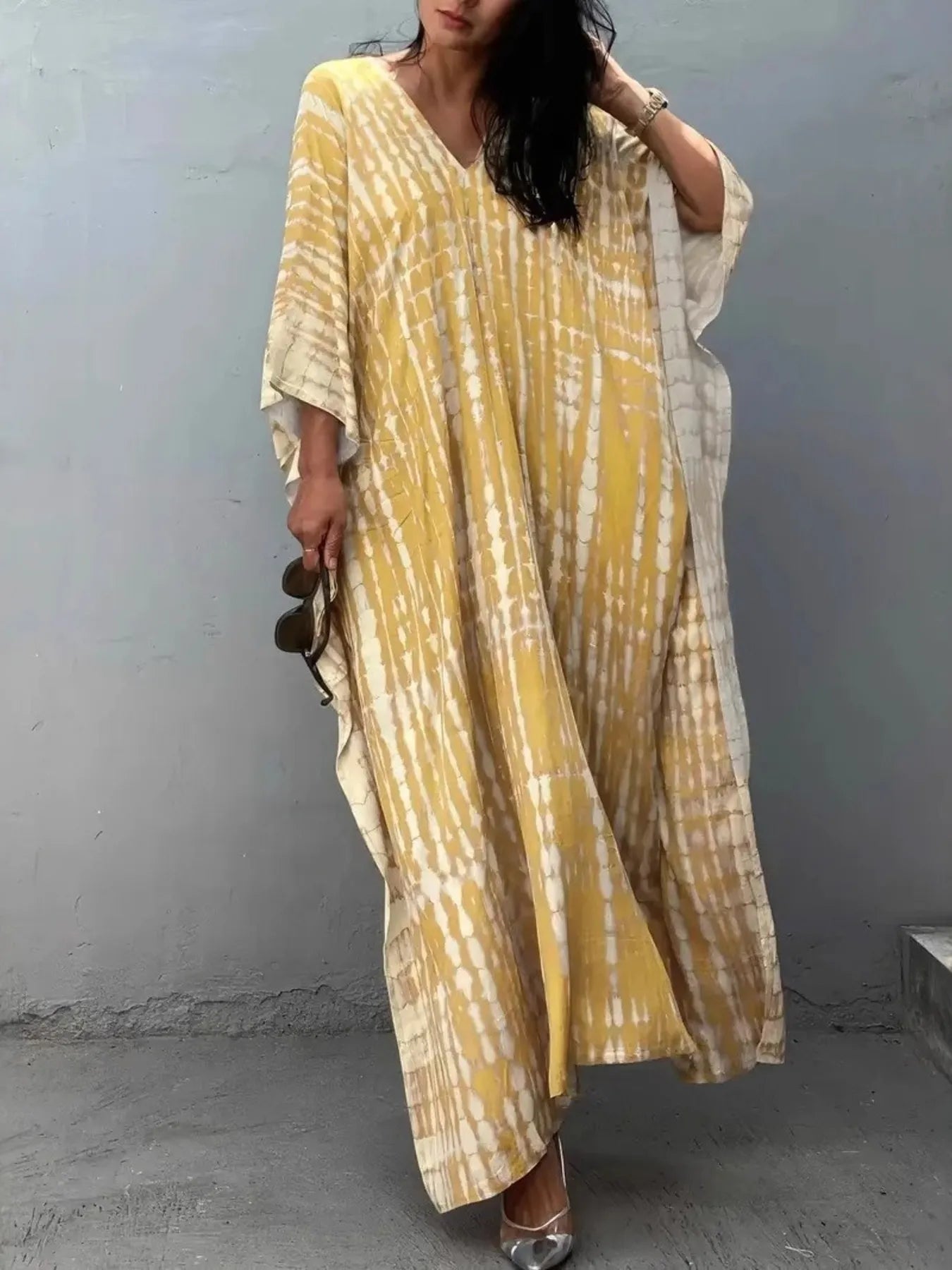 Tie - Dye V - Neck Maxi Dress with Flowy Sleeves - adritiX