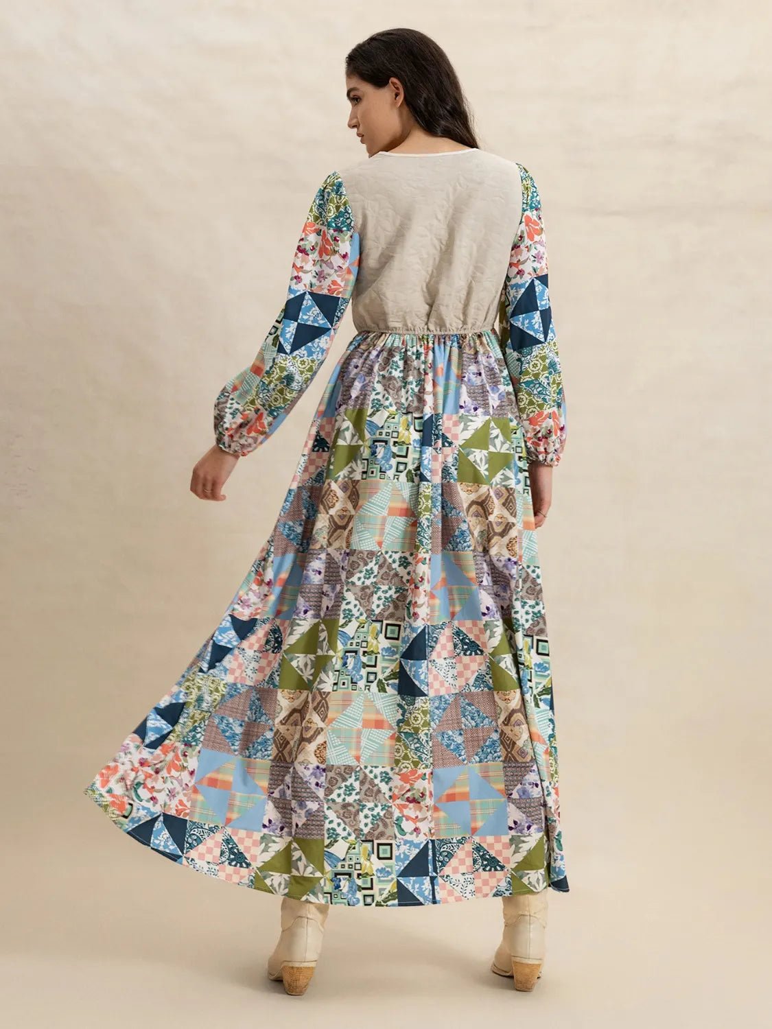 Tied Front Printed Long Sleeve Maxi Dress - adritiX