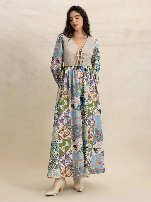 Tied Front Printed Long Sleeve Maxi Dress - adritiX