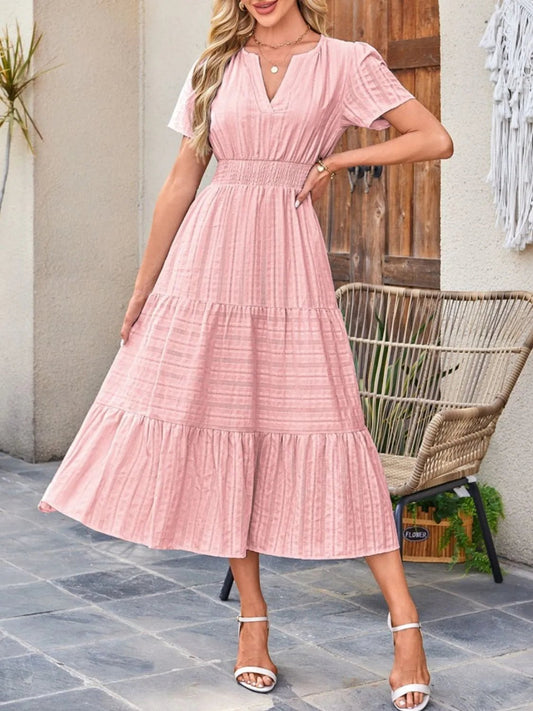 Tiered Notched Short Sleeve Dress - adritiX