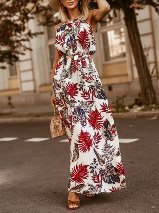 Tropical Floral Halter Neck Summer Dress - adritiX