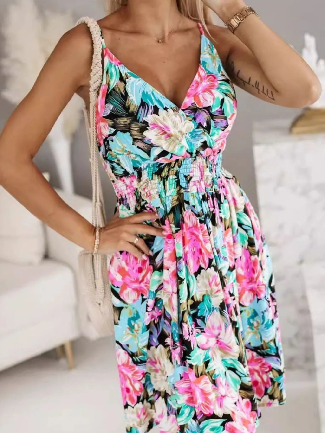 Tropical Print Spaghetti Strap Mini Dress - adritiX