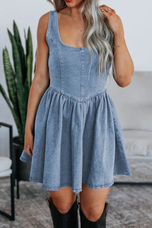 V - Back Bow Tie Denim Skater Dress - adritiX
