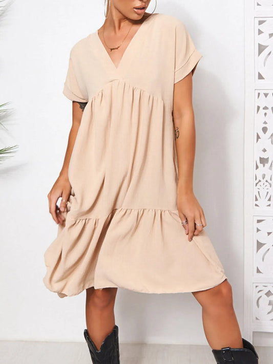 V - Neck Babydoll Tiered Mini Dress - adritiX