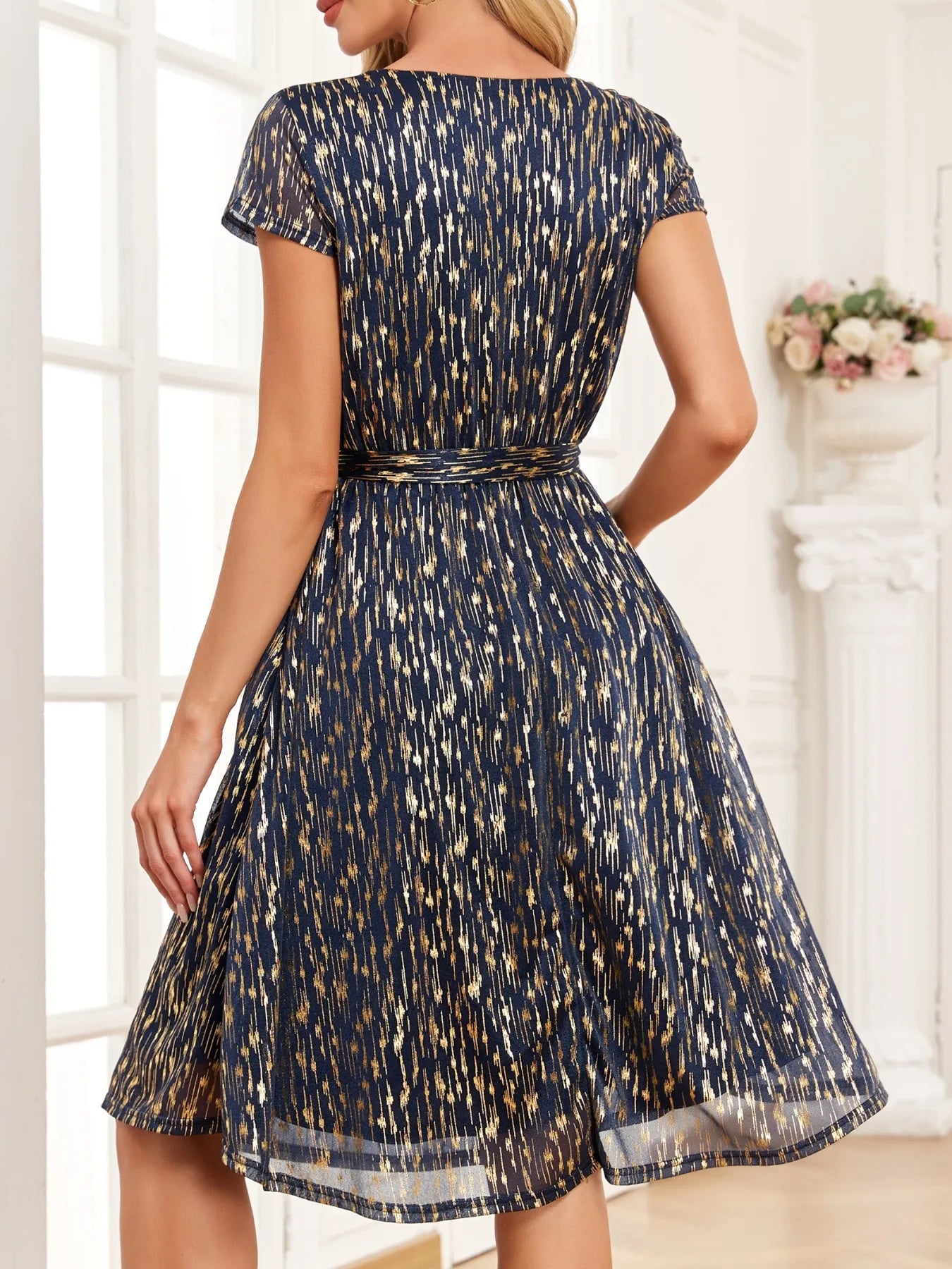 V - Neck Metallic Print Dress - adritiX