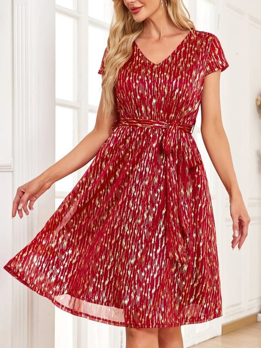 V - Neck Metallic Print Dress - adritiX