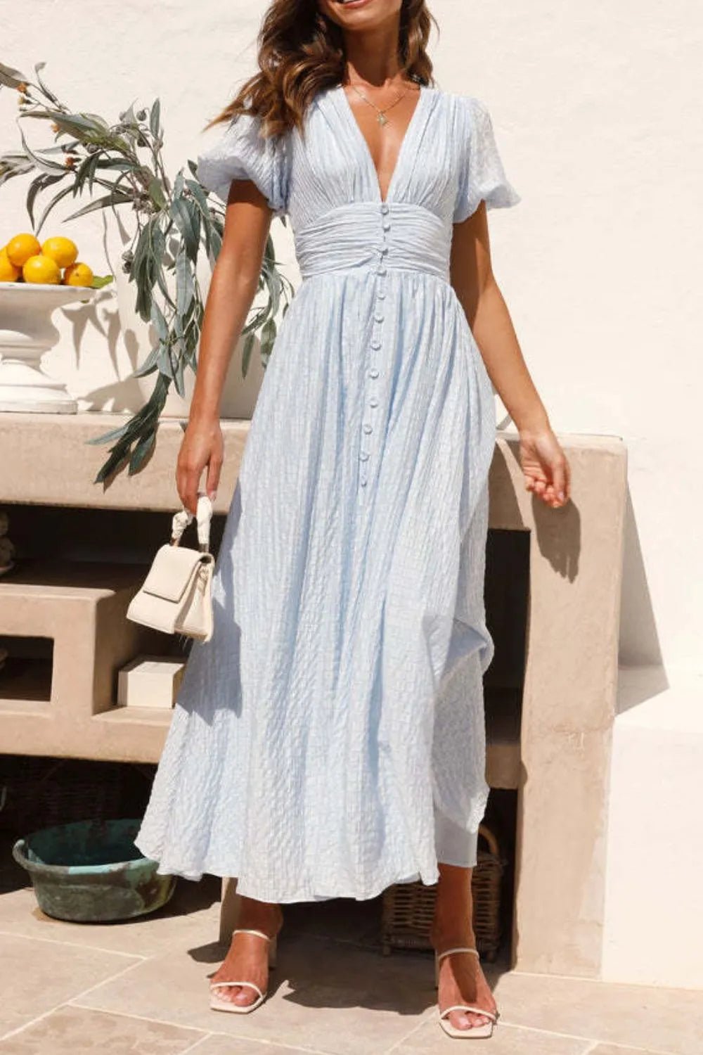 V - Neck Puff Short Sleeve Midi Dress - adritiX
