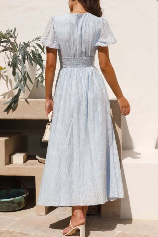 V - Neck Puff Short Sleeve Midi Dress - adritiX