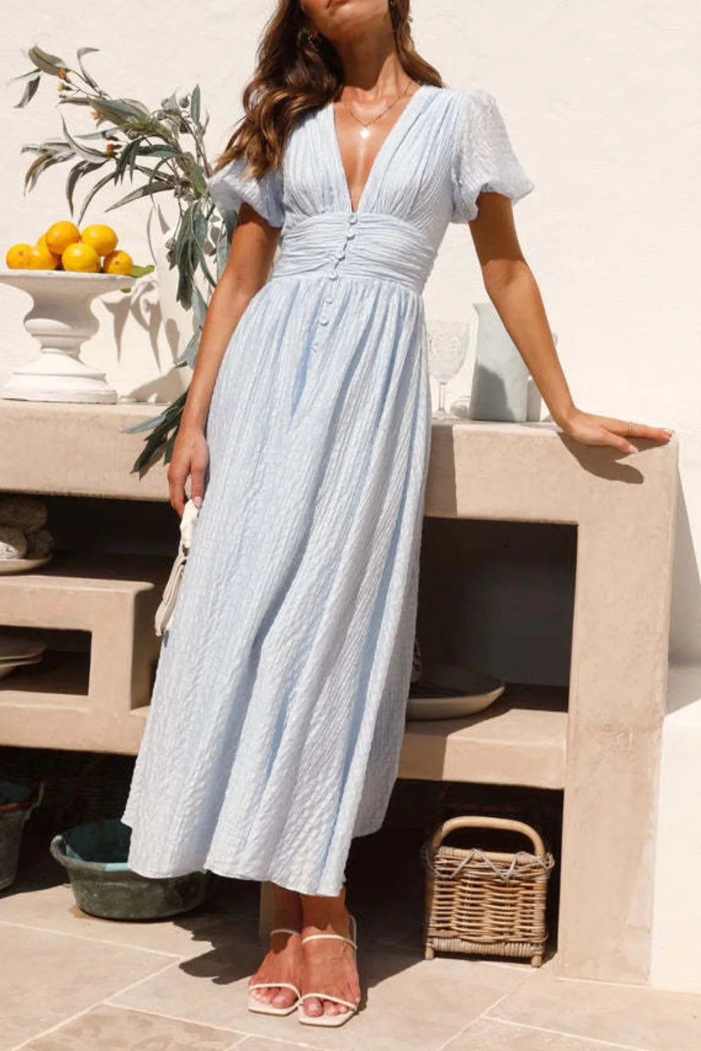 V - Neck Puff Short Sleeve Midi Dress - adritiX