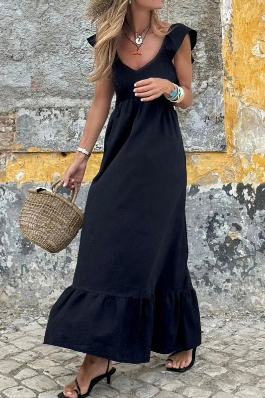 V Neck Ruffled Cap Sleeve Smocked Maxi Dress - adritiX