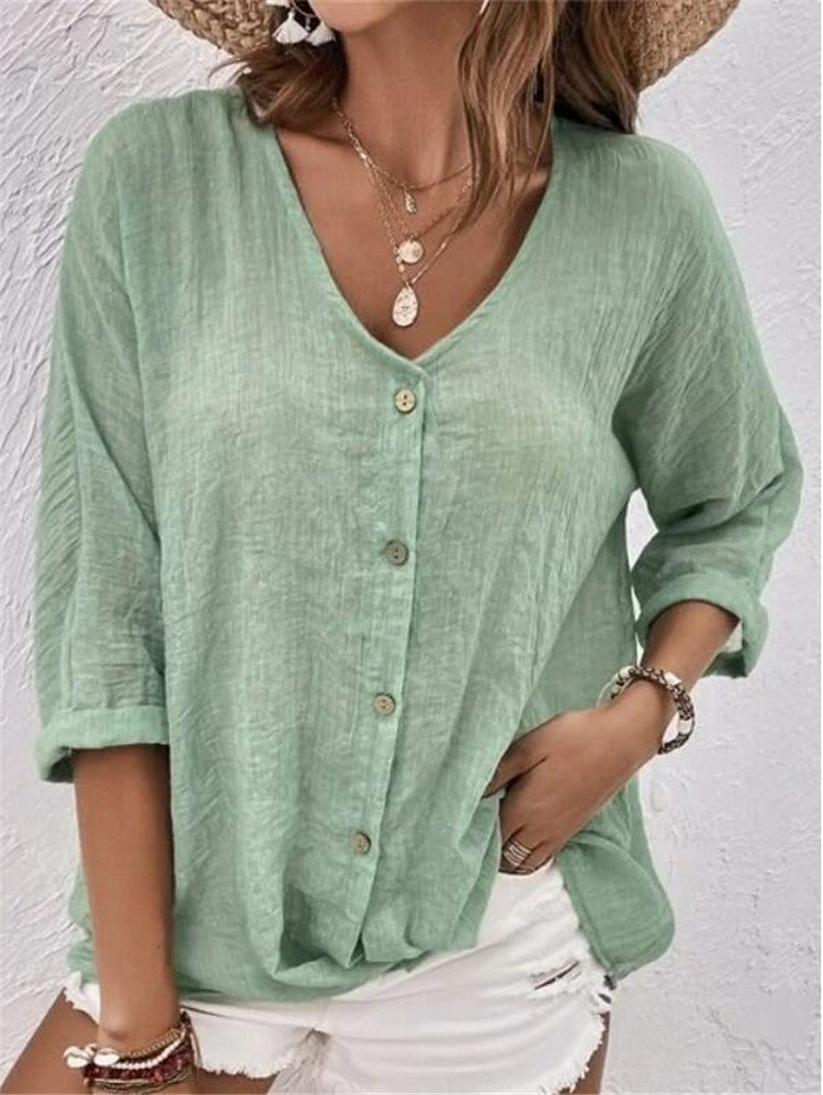 Elegant V-neck Long-sleeved T-shirt Fashion Solid Color Button Top Casual Loose Clothing For Women - adritiX