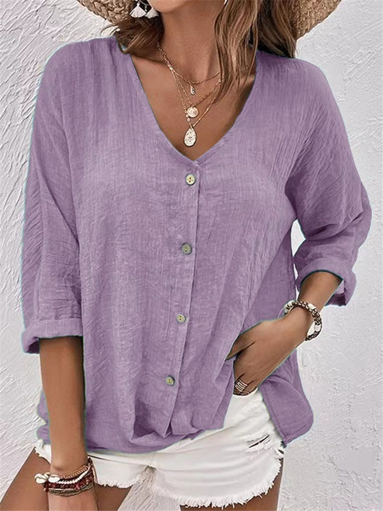 Elegant V-neck Long-sleeved T-shirt Fashion Solid Color Button Top Casual Loose Clothing For Women - adritiX