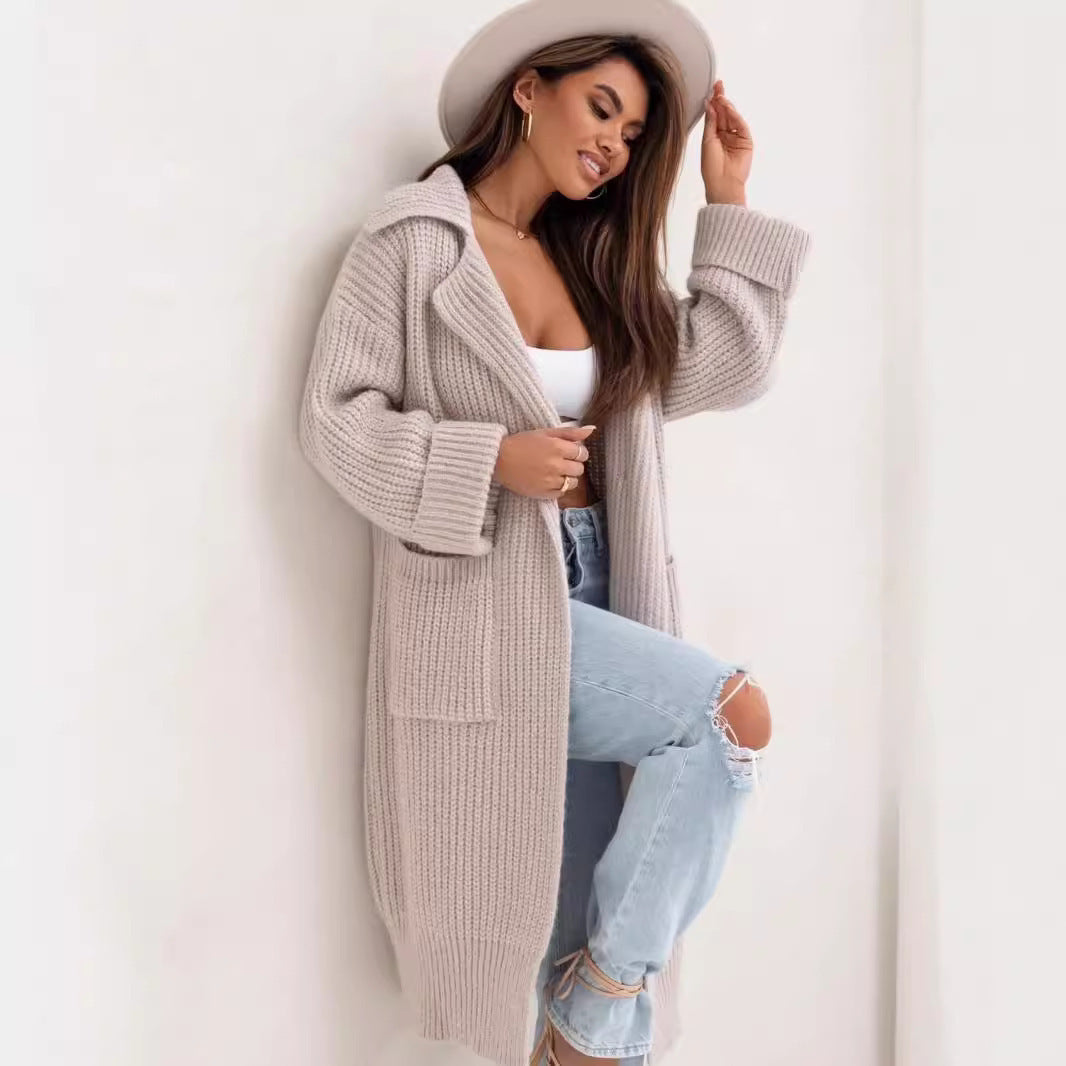Elegant Mid-length Padded Lapel Pocket Loose Knitted Cardigan Sweater - adritiX