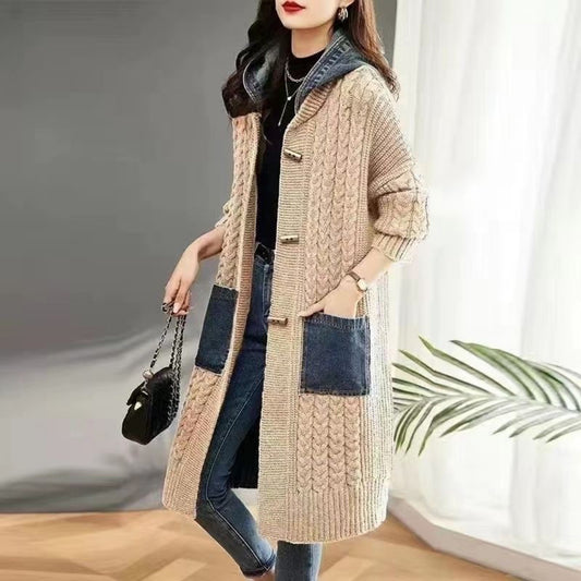 Spring And Autumn Cardigan Mid-length Loose Western Style Outer Wear Hooded Knitted Top - adritiX