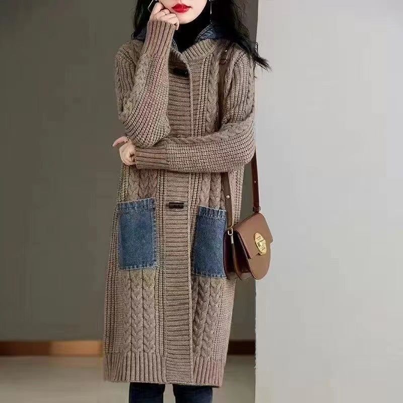 Spring And Autumn Cardigan Mid-length Loose Western Style Outer Wear Hooded Knitted Top - adritiX