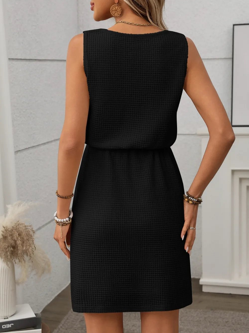 Waffle - Knit Drawstring Mini Tank Dress - adritiX