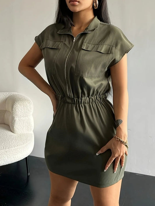 Zipper Front Short Sleeve Mini Dress - adritiX