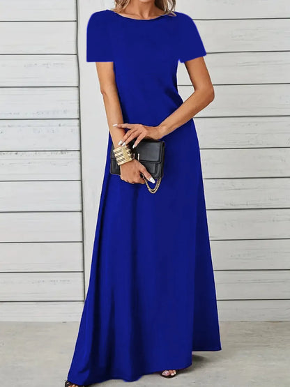 Full Size Round Neck Short Sleeve A-Line Maxi Dress Plus Size - adritiX